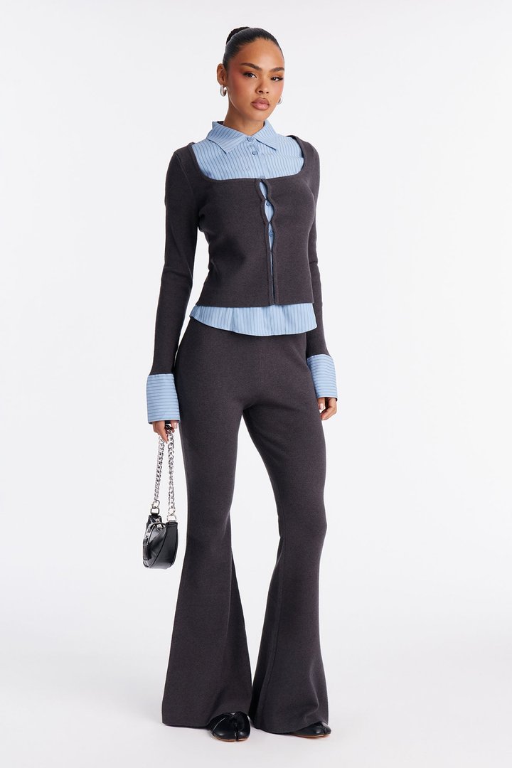 Double Take Pinstripe Sweater Pant Set - Grey