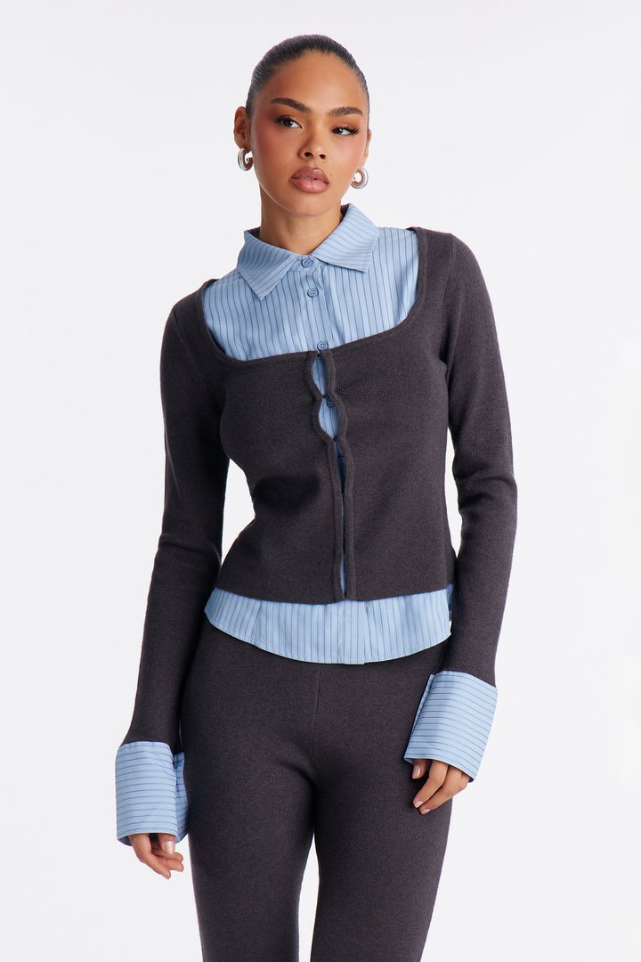 Double Take Pinstripe Sweater Pant Set - Grey
