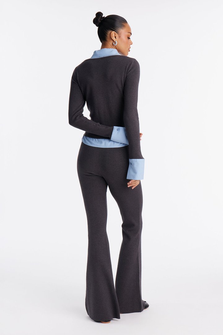 Double Take Pinstripe Sweater Pant Set - Grey