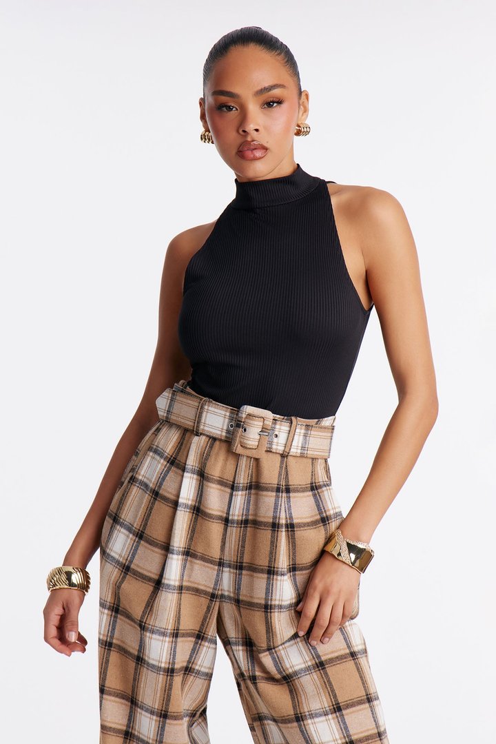Allison Belted Plaid Jumpsuit - Black/combo