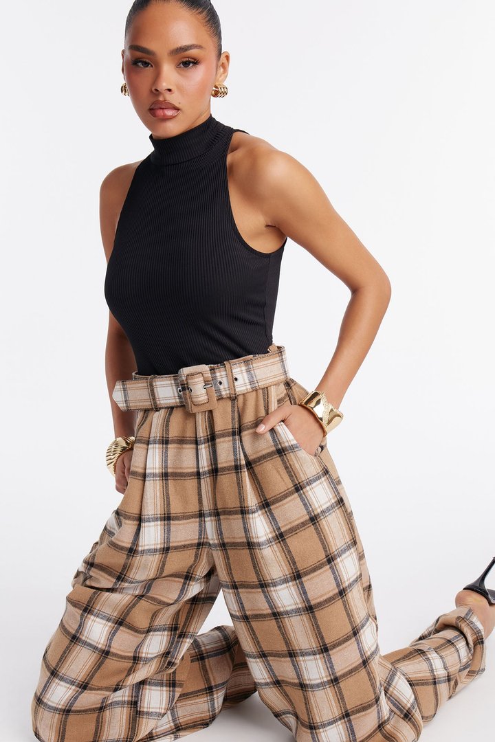 Allison Belted Plaid Jumpsuit - Black/combo