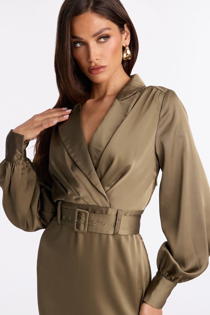 Braylynn Belted Satin Midi Dress - Sage