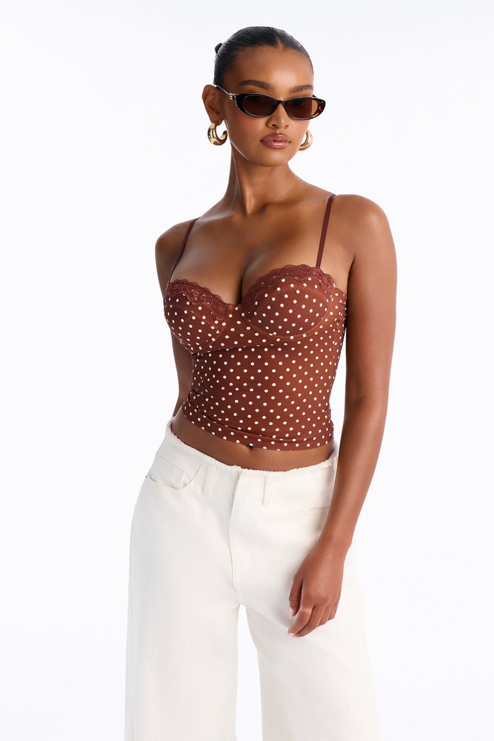 Luminous Love Polka Dot Sweetheart Neck Tank Top - Brown/combo