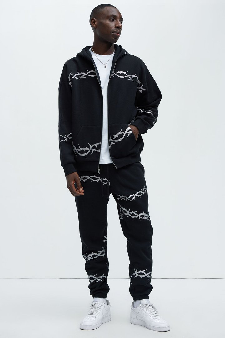 Tayson Barbed Wire Oversized Zip Hoodie - Black