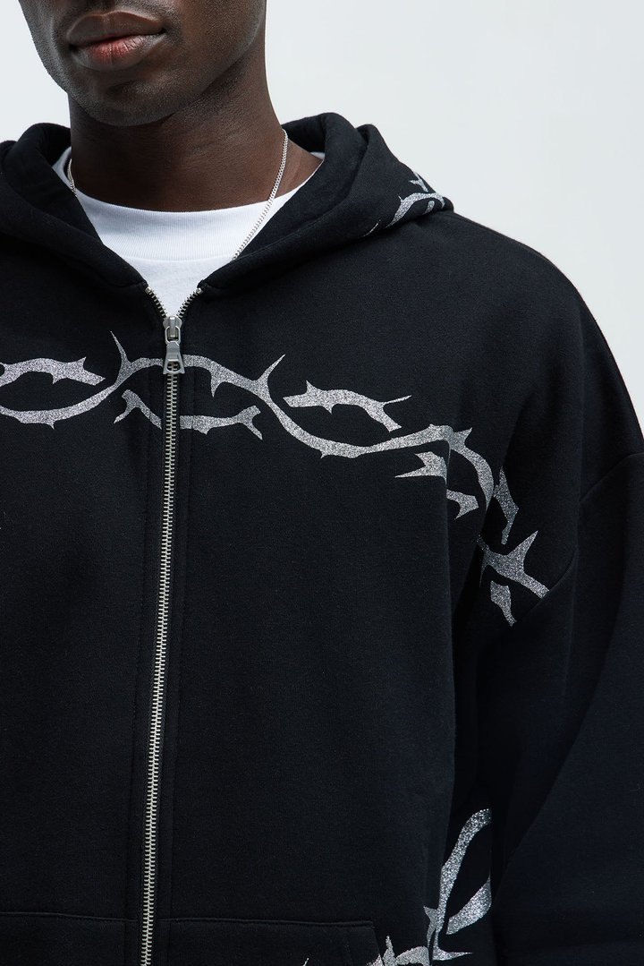 Tayson Barbed Wire Oversized Zip Hoodie - Black