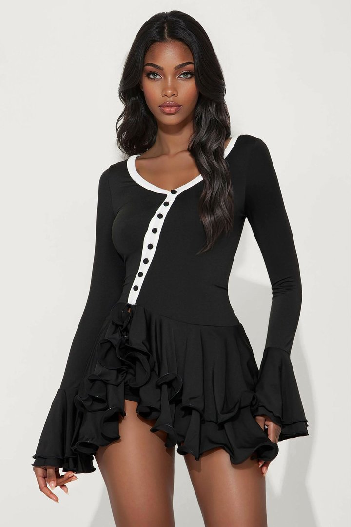 Lelia Ruffle Micro Mini Dress - Black/White