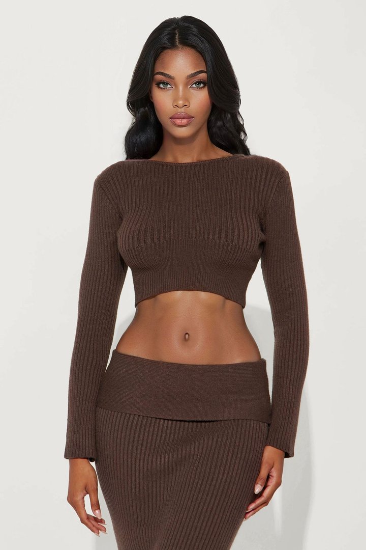 Alaina Sweater Fold Over Maxi Skirt Set - Chocolate