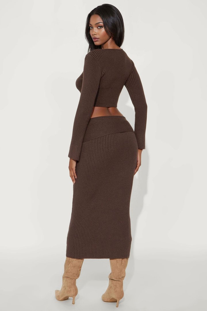 Alaina Sweater Fold Over Maxi Skirt Set - Chocolate