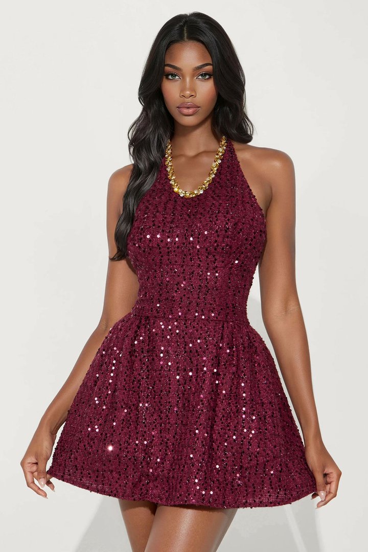 Mackenzie Rhinestone Trim Tweed Mini Dress - Wine