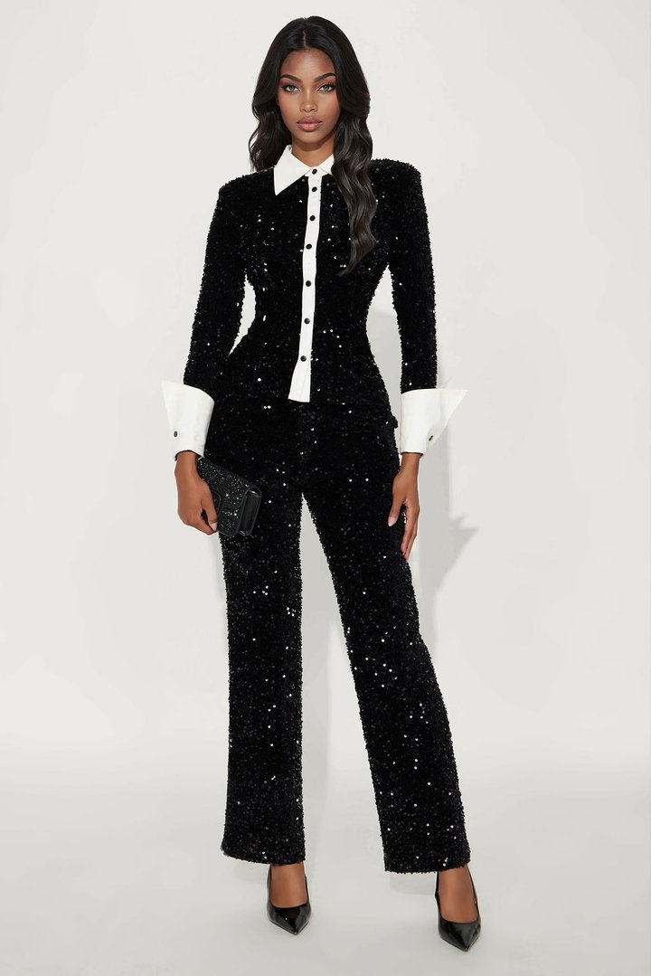 Kensington Sequin Pant Set - Black