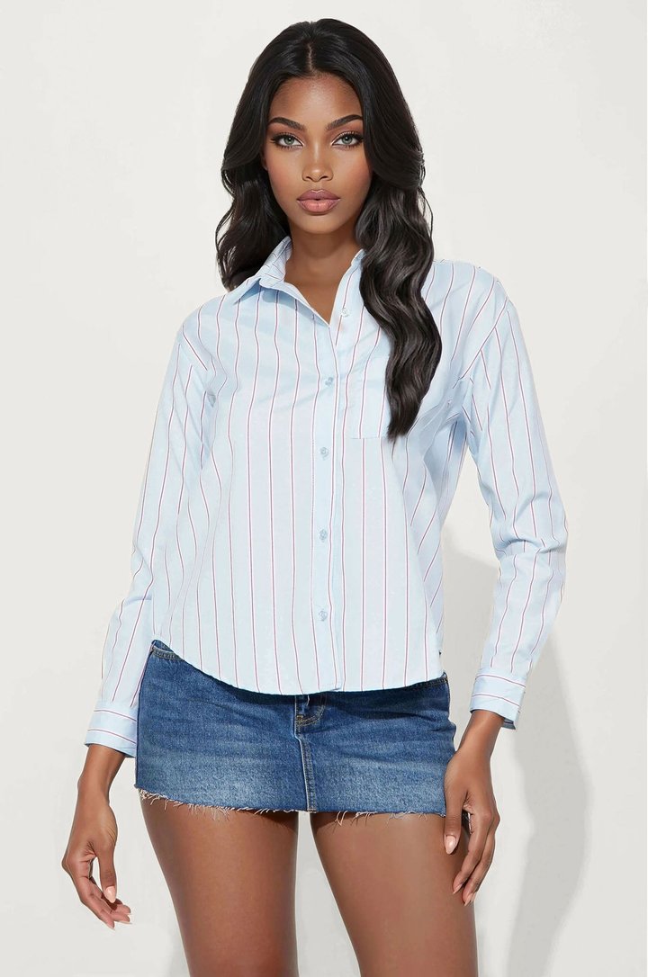 Line Up Babe Pinstripe Button Up Shirt - Blue/combo