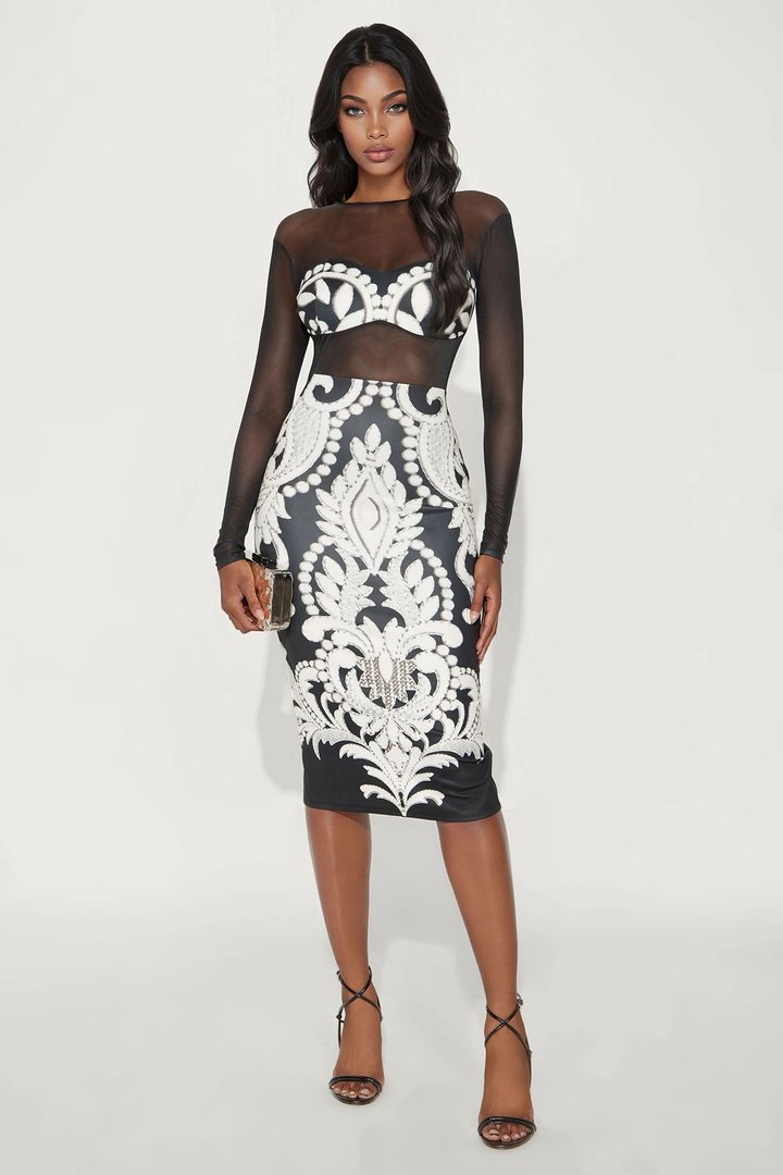 Dayane Baroque Mesh Midi Dress - Black/White