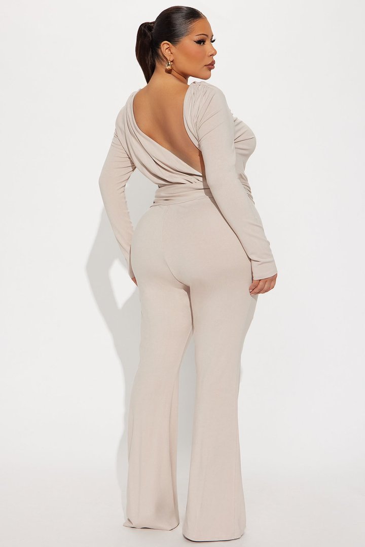 Isabella Ribbed Long Sleeve Jumpsuit - Stone