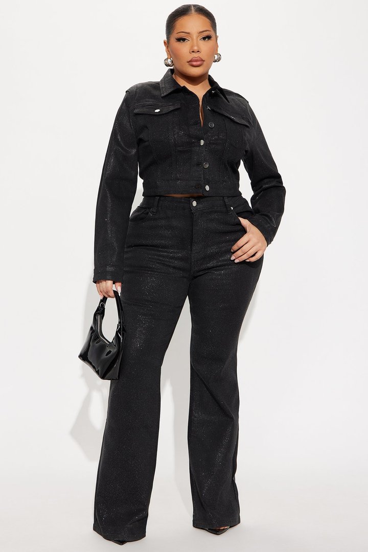Past Midnight Glitter Foil Flare Jeans - Black