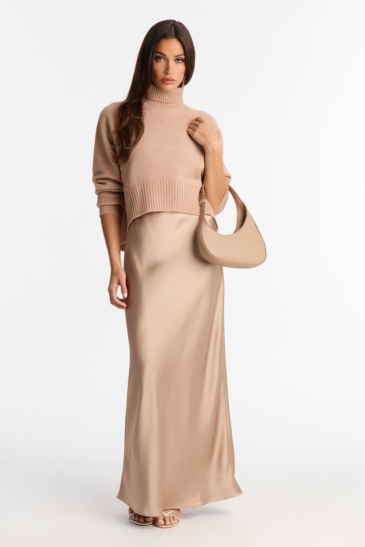 Always Near Satin Sweater Maxi Dress Set - Taupe