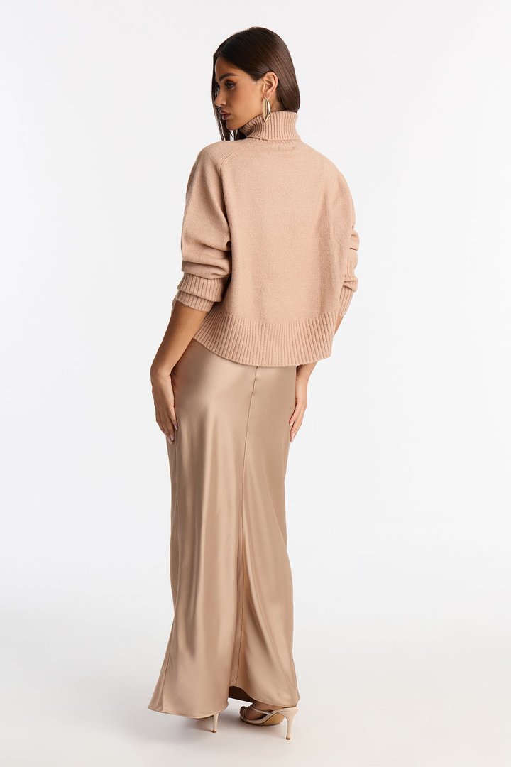 Always Near Satin Sweater Maxi Dress Set - Taupe