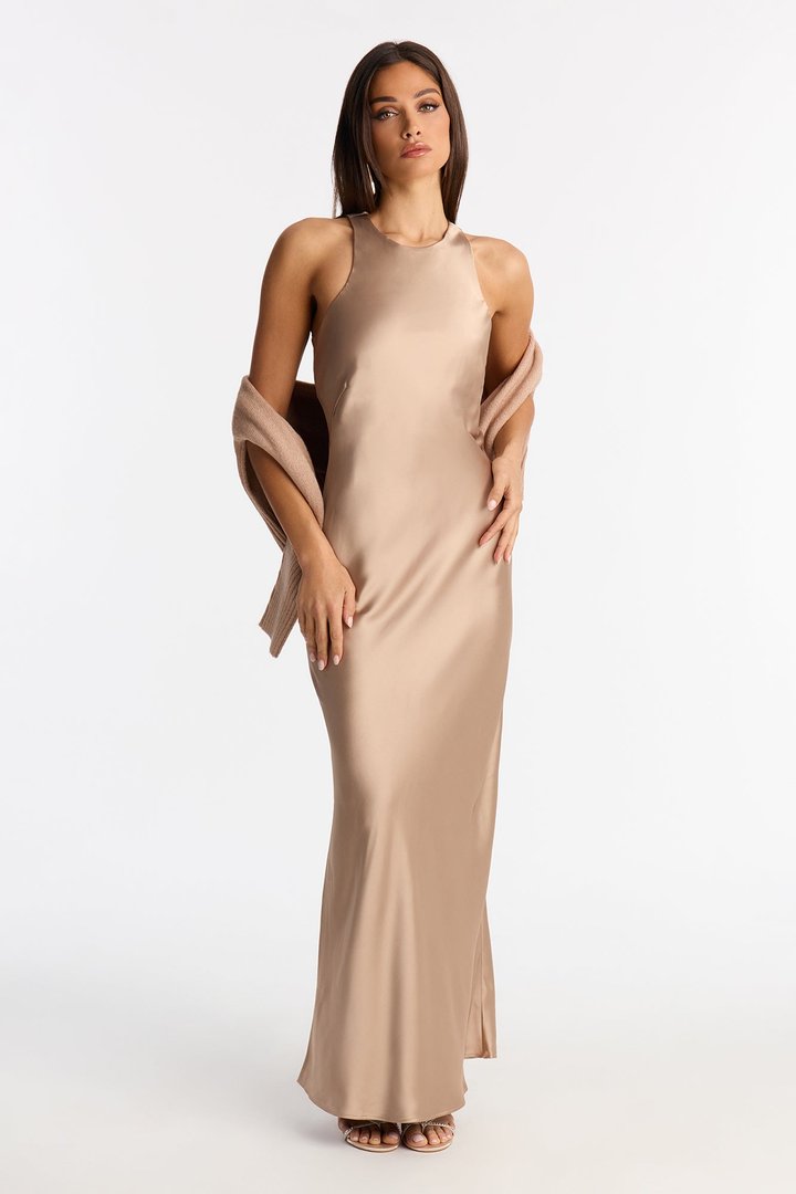 Always Near Satin Sweater Maxi Dress Set - Taupe