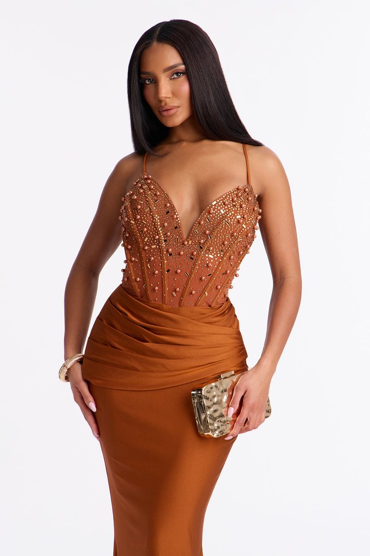 Players Charm Embellished Maxi Gown - Brown