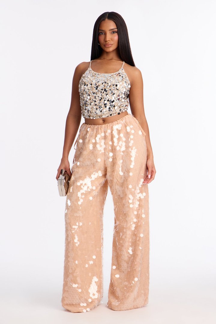 Mae Low Rise Sequin Wide Leg Pant - Nude