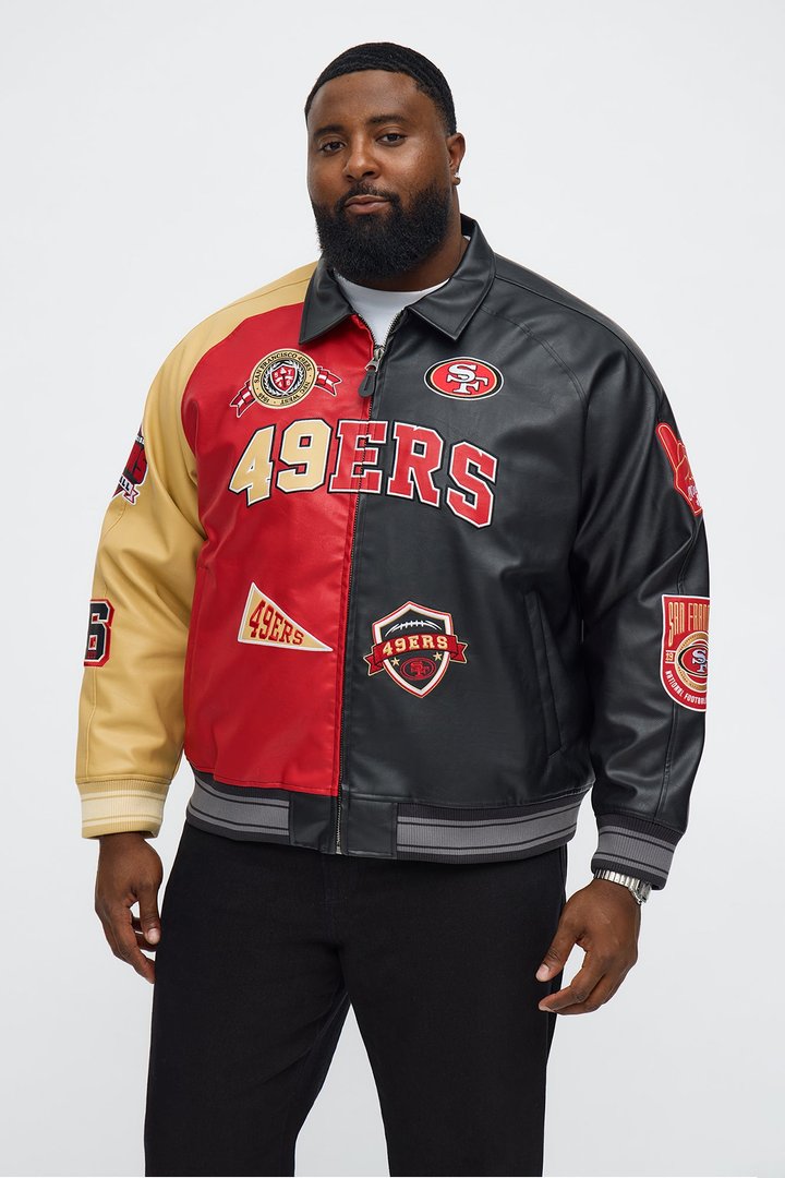 49ers Marquee Star Faux Patent Leather Long Sleeve Varsity Jacket - Red/combo