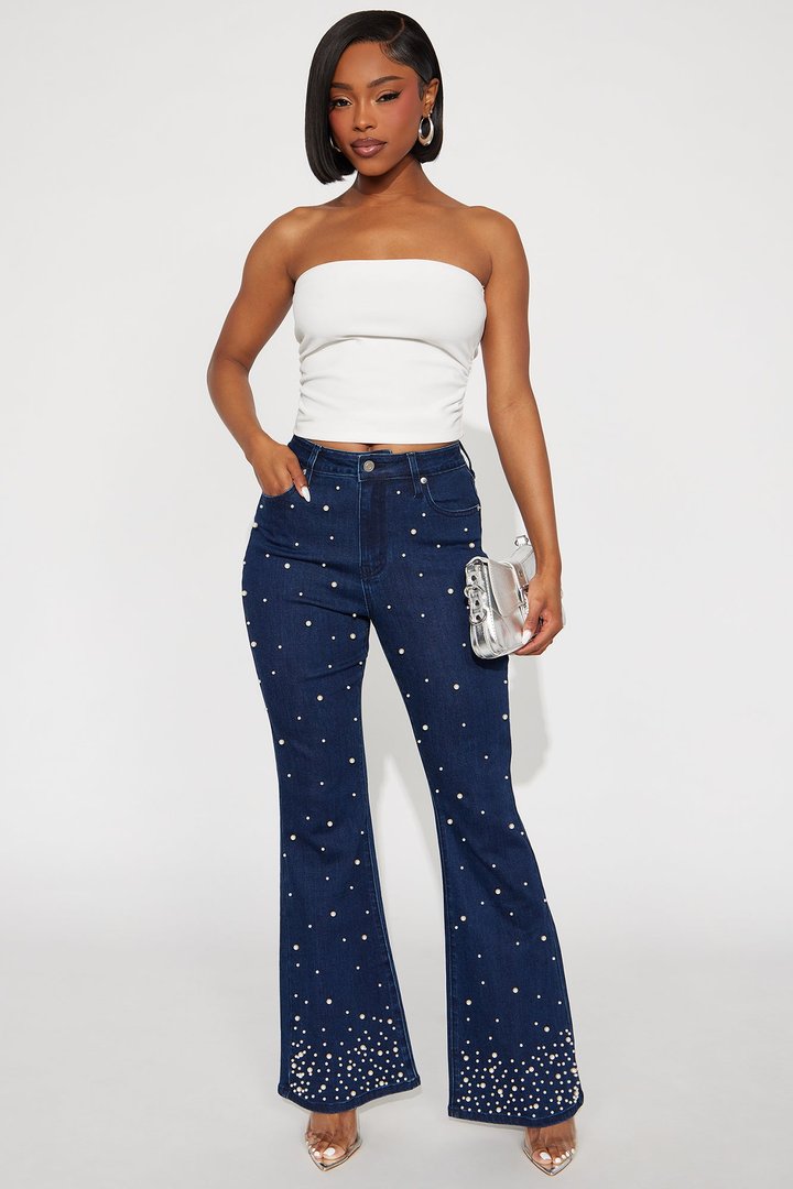 Clutch My Pearls Embellished Flare Leg Jeans - Dark Wash