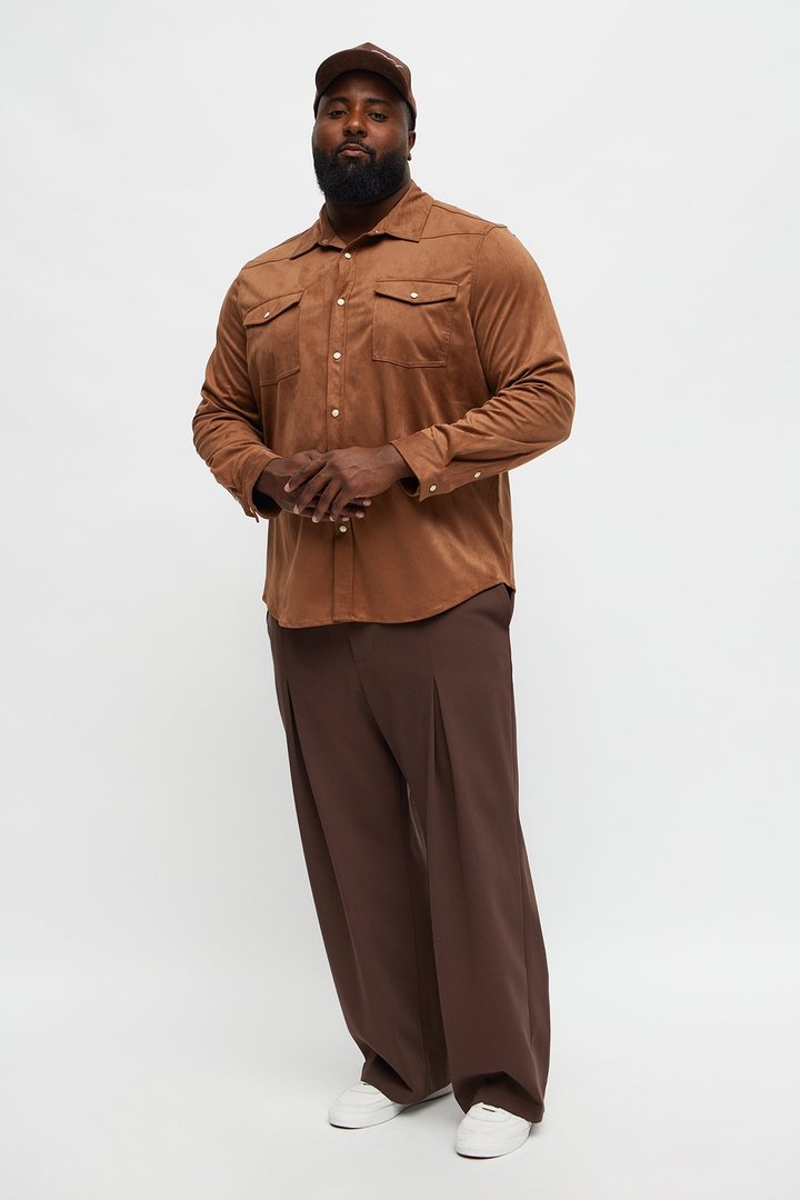 Reign Faux Suede Button Up Shirt - Brown