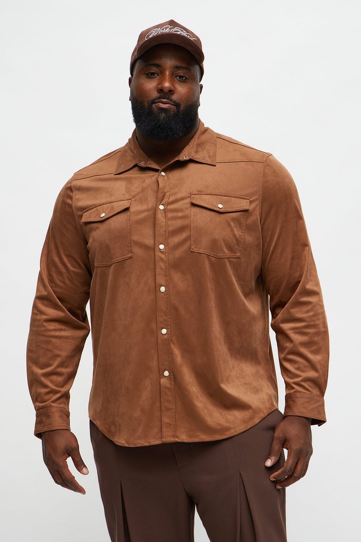 Reign Faux Suede Button Up Shirt - Brown