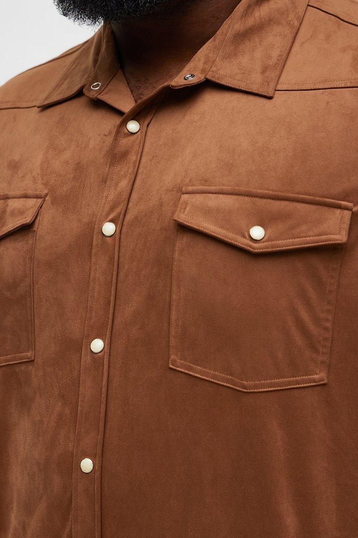 Reign Faux Suede Button Up Shirt - Brown