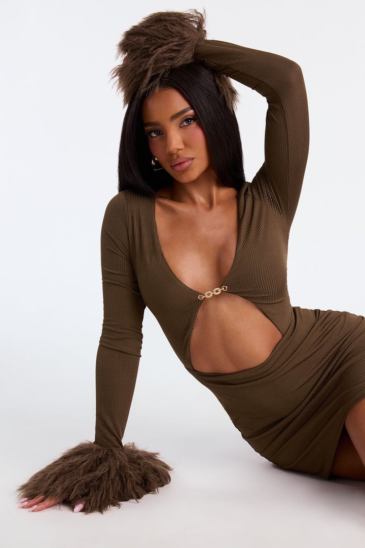 Fuzzy Chic Ribbed Mini Dress - Chocolate
