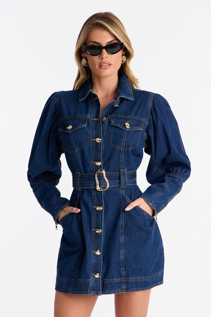 Ready To Ride Belted Denim Mini Dress - Dark Wash