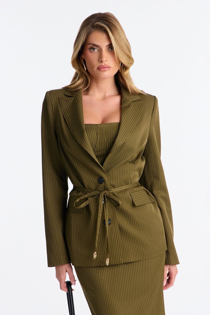 Piper Pinstripe Blazer & Midi Dress Set - Olive
