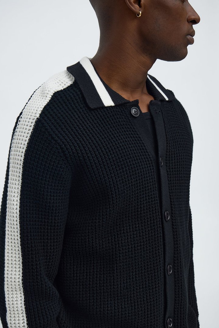 Chunky Striped Knit Cardigan - Black
