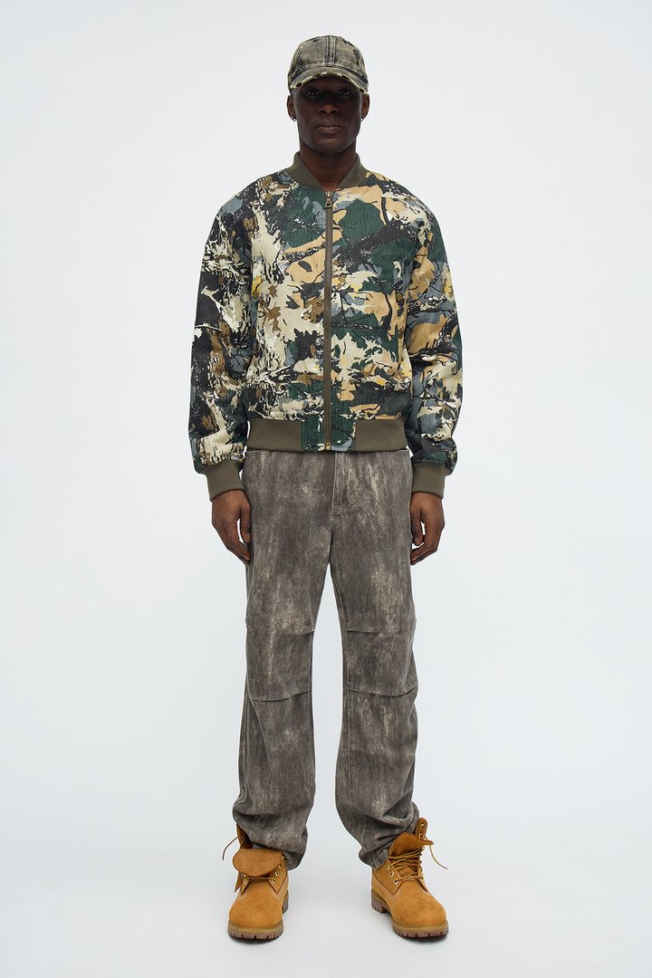 Relaxed Washed Abstract Camo Bomber Jacket - Camouflage