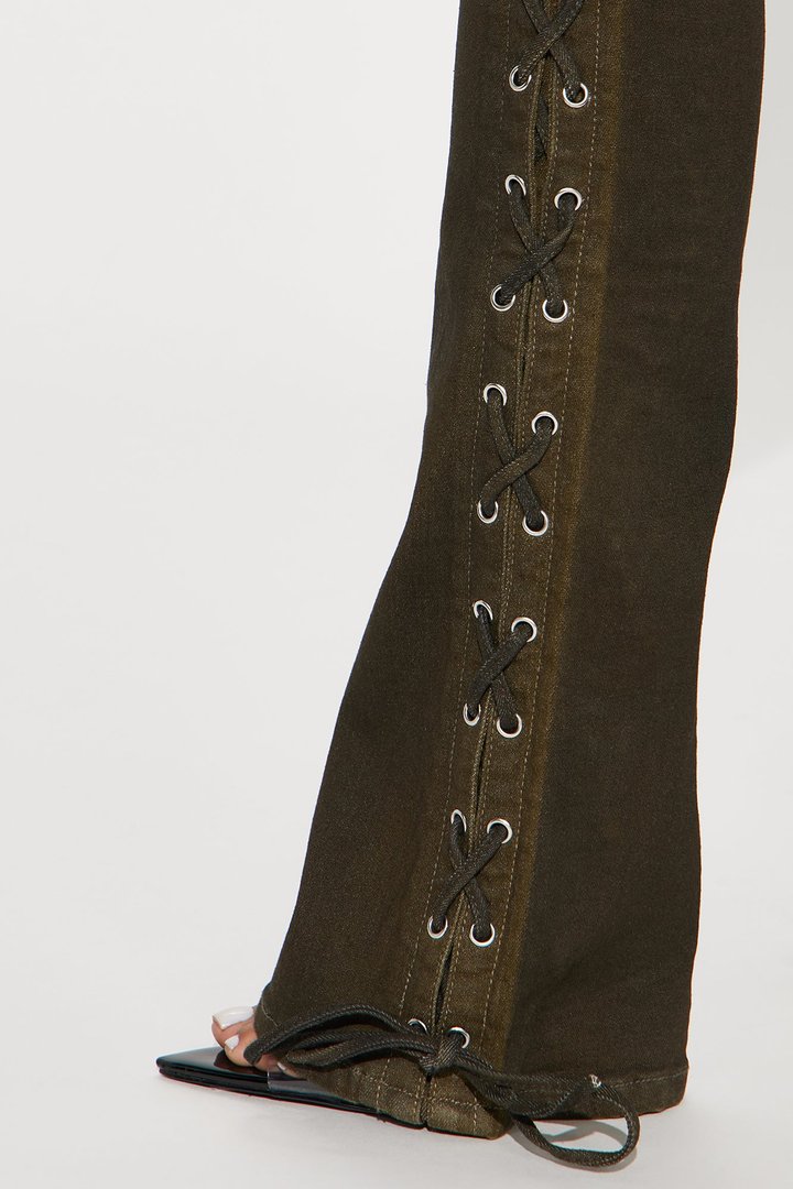 Take Notes Lace Up Stretch Bootcut Jeans - Olive
