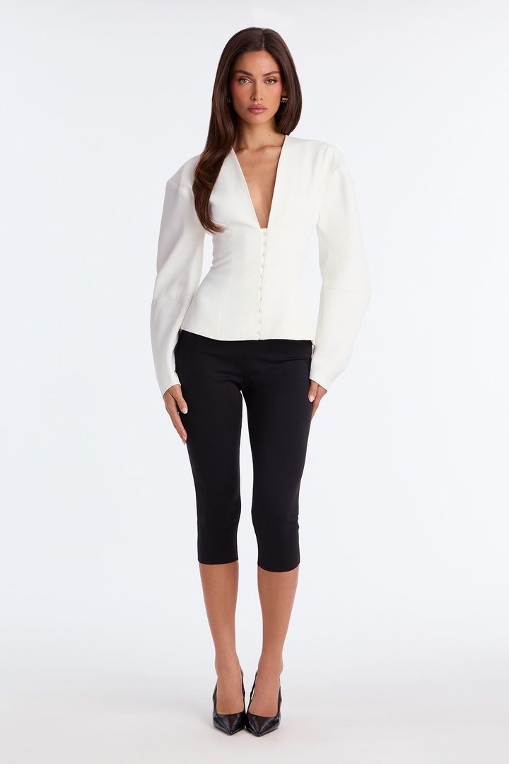Off Duty Boss Puff Sleeve Button Front Blouse - White