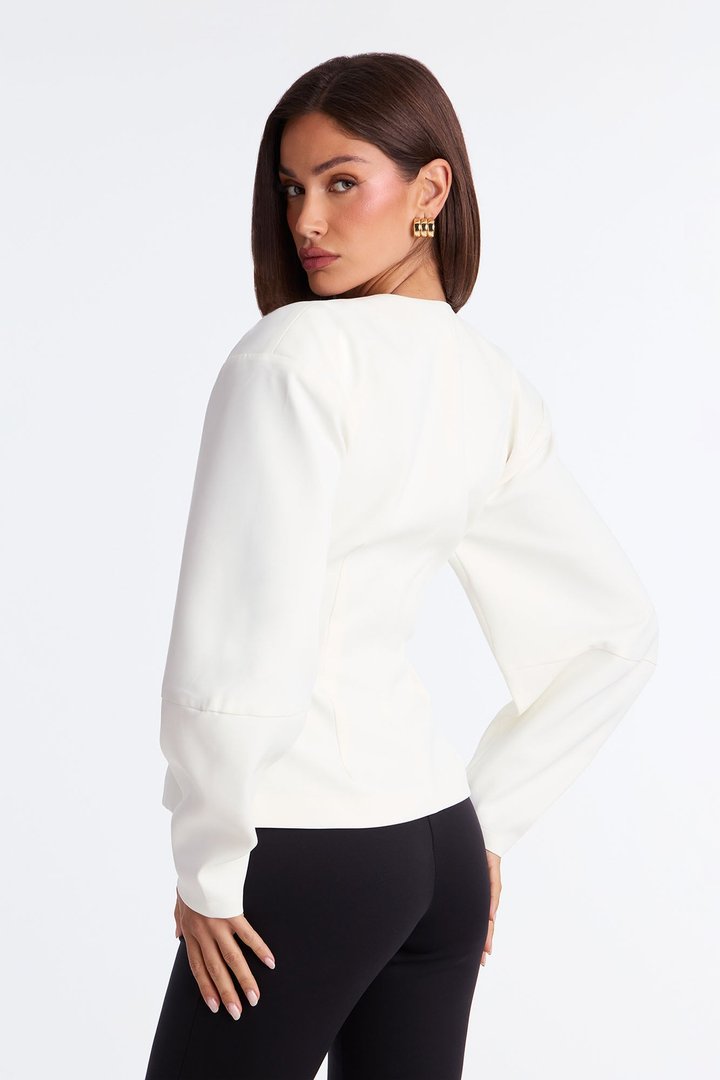 Off Duty Boss Puff Sleeve Button Front Blouse - White