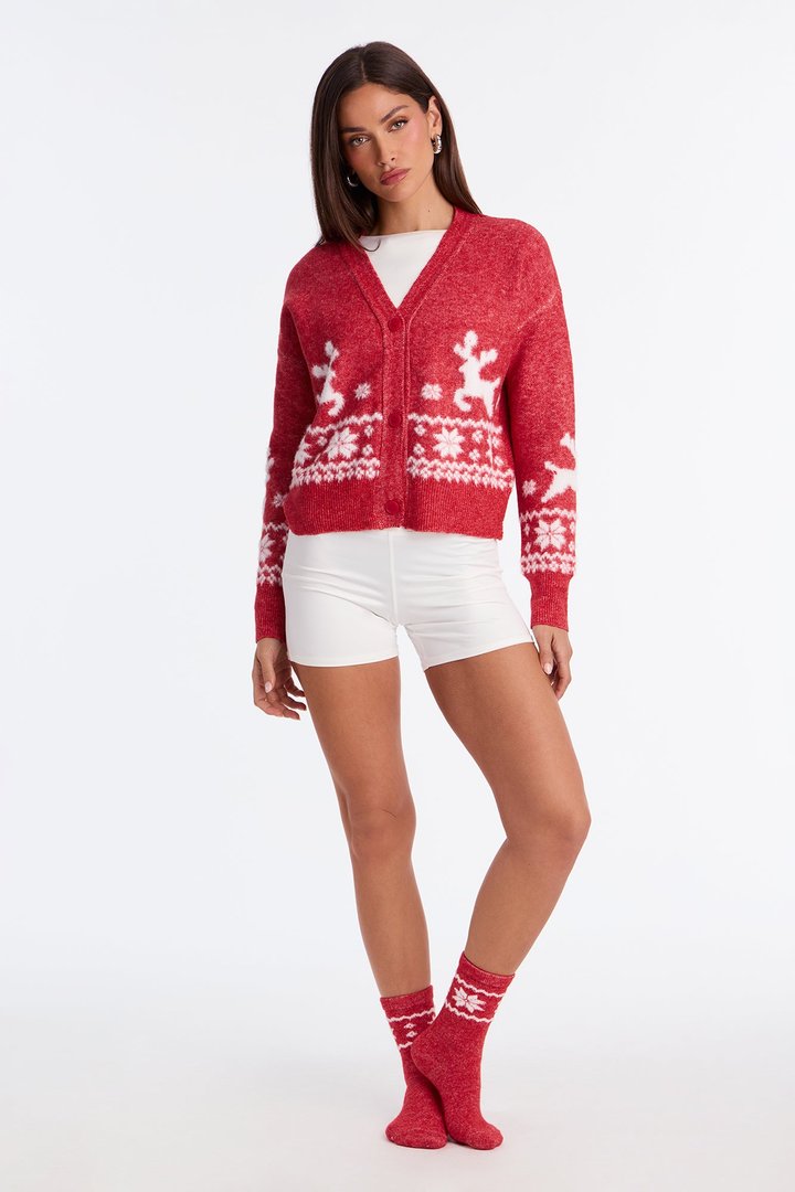 Sweet And Fuzzy Fair Isle Socks And Cardigan Set - Red/combo