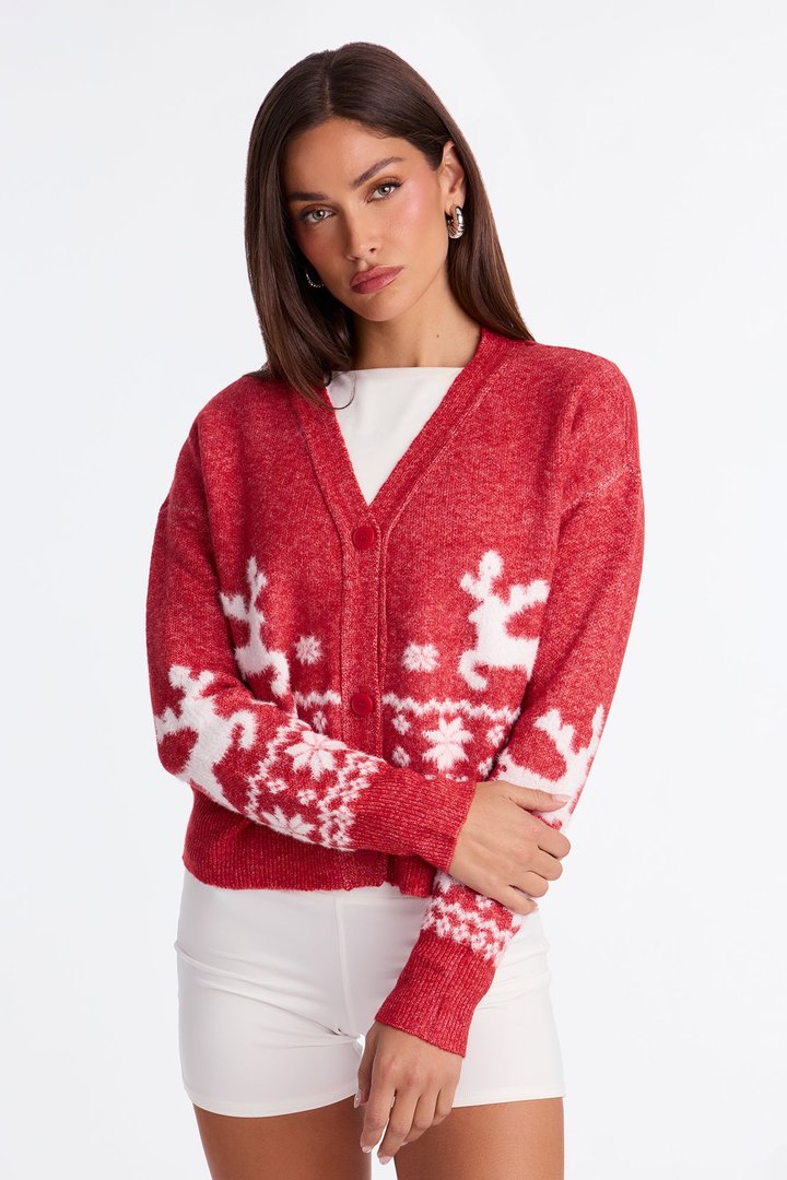 Sweet And Fuzzy Fair Isle Socks And Cardigan Set - Red/combo