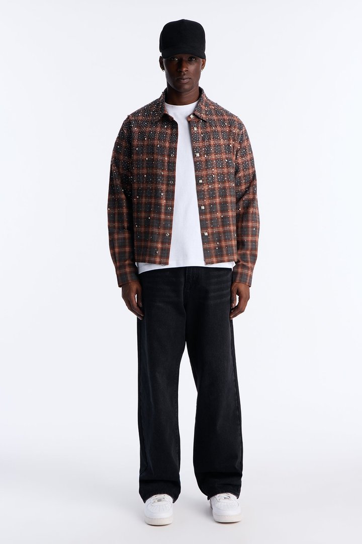 Cropped Axis Studded Plaid Button Up Shirt - Brown