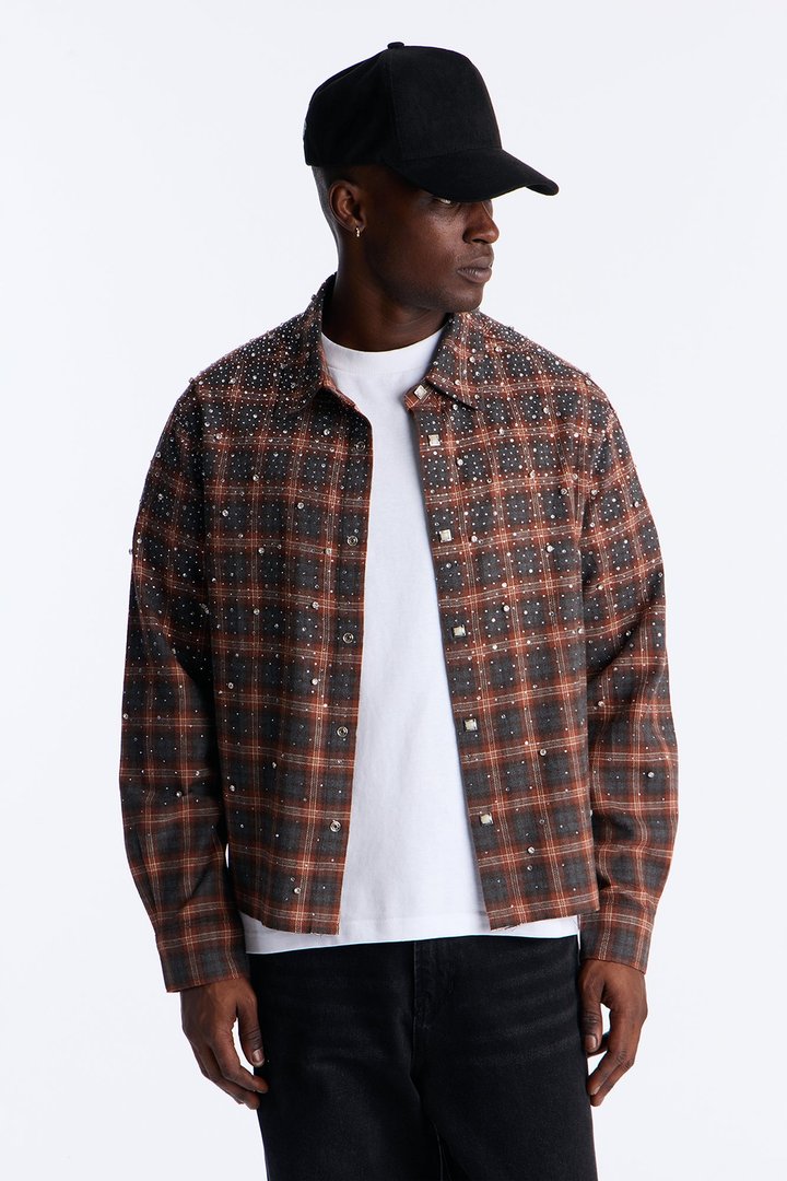 Cropped Axis Studded Plaid Button Up Shirt - Brown