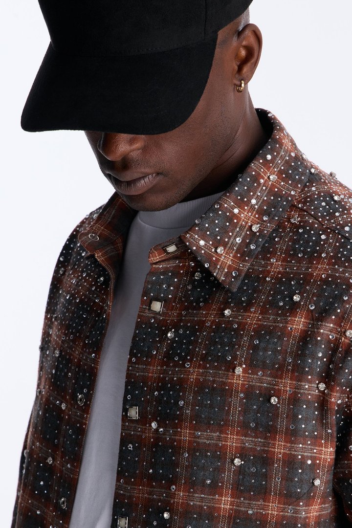 Cropped Axis Studded Plaid Button Up Shirt - Brown