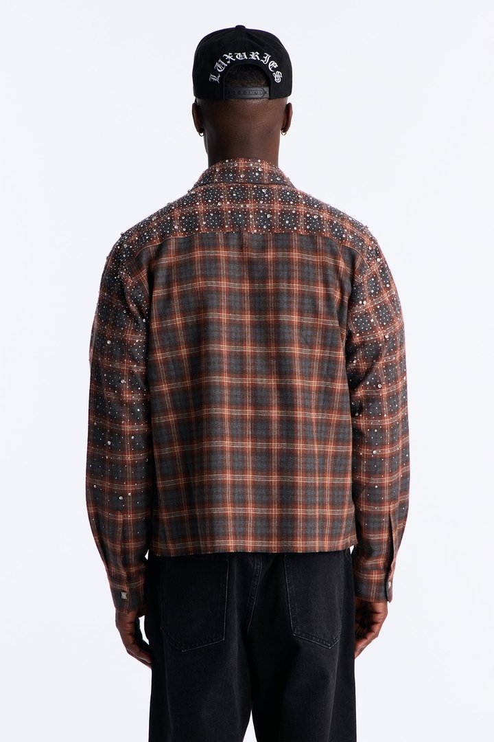 Cropped Axis Studded Plaid Button Up Shirt - Brown