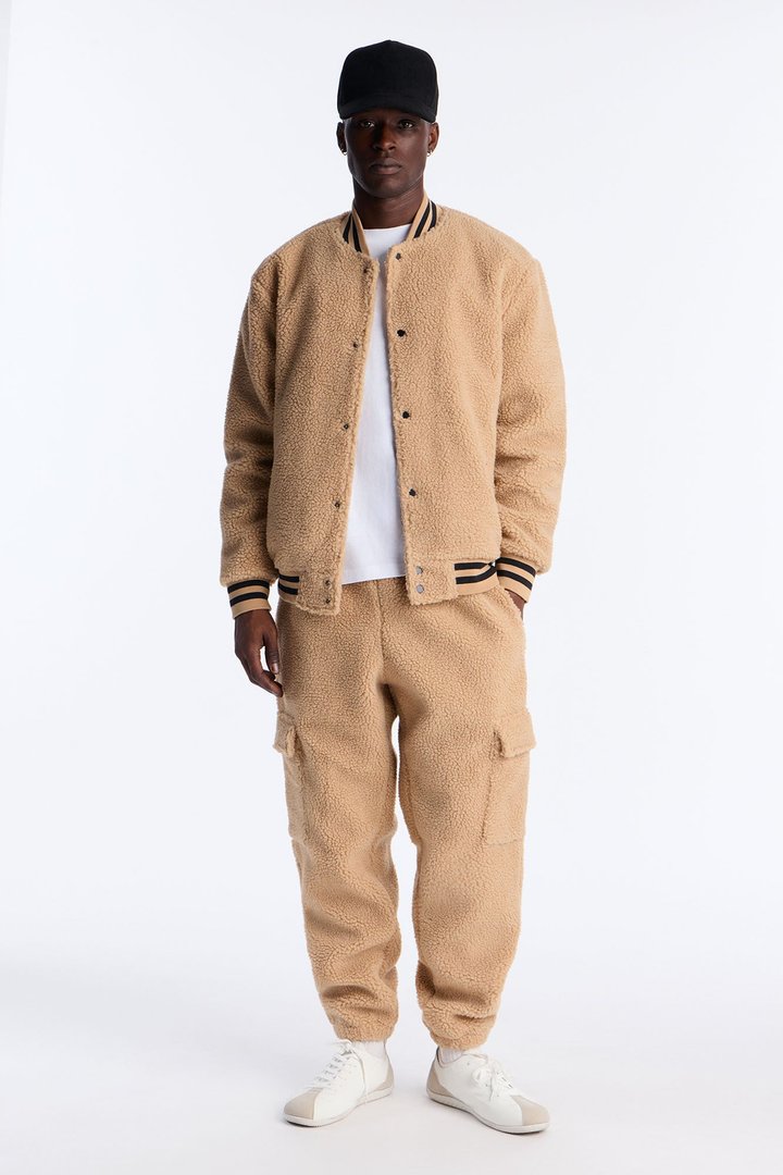 Teddy Varsity Sherpa Jacket - Taupe