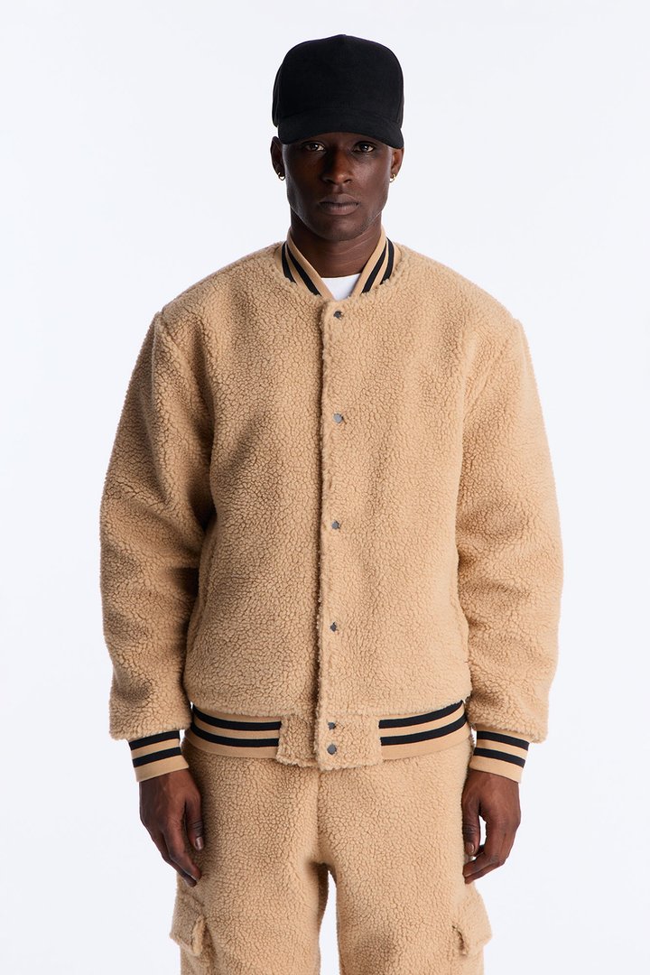 Teddy Varsity Sherpa Jacket - Taupe