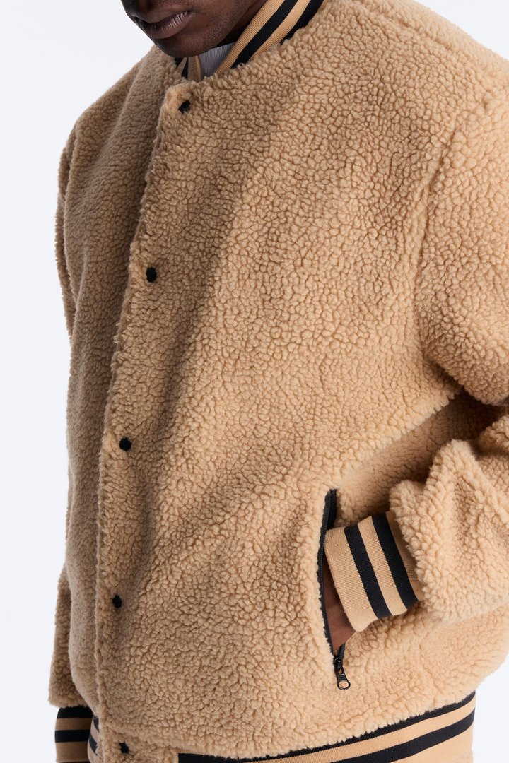 Teddy Varsity Sherpa Jacket - Taupe