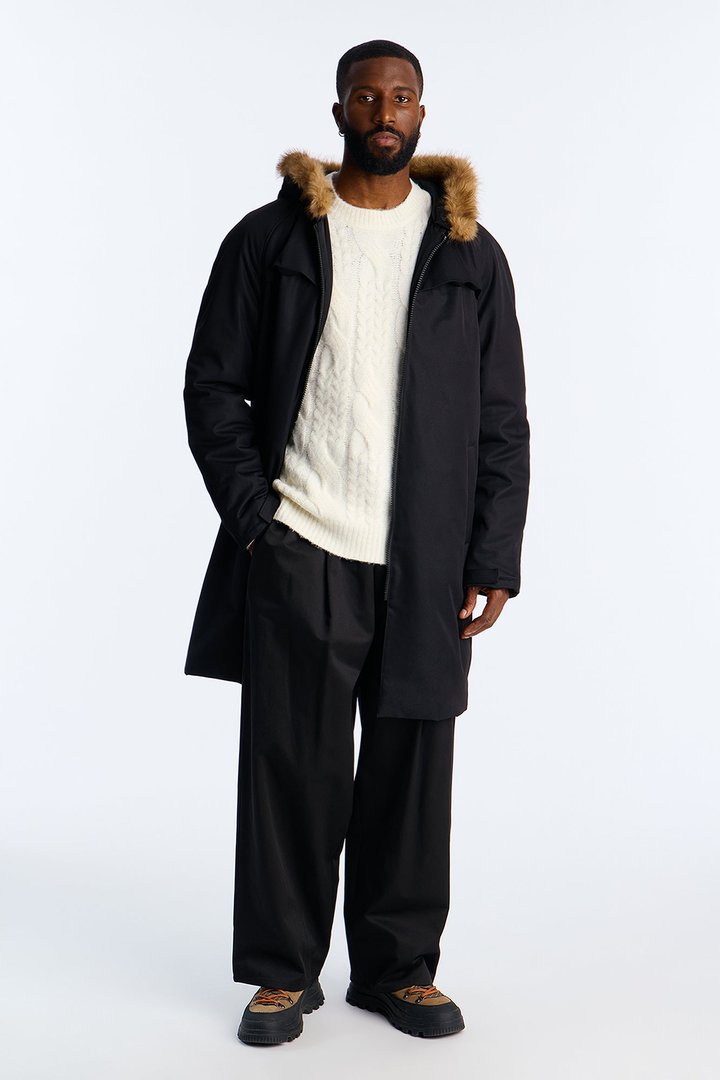 Padded Hooded Faux Trim Iced Out Parka - Black
