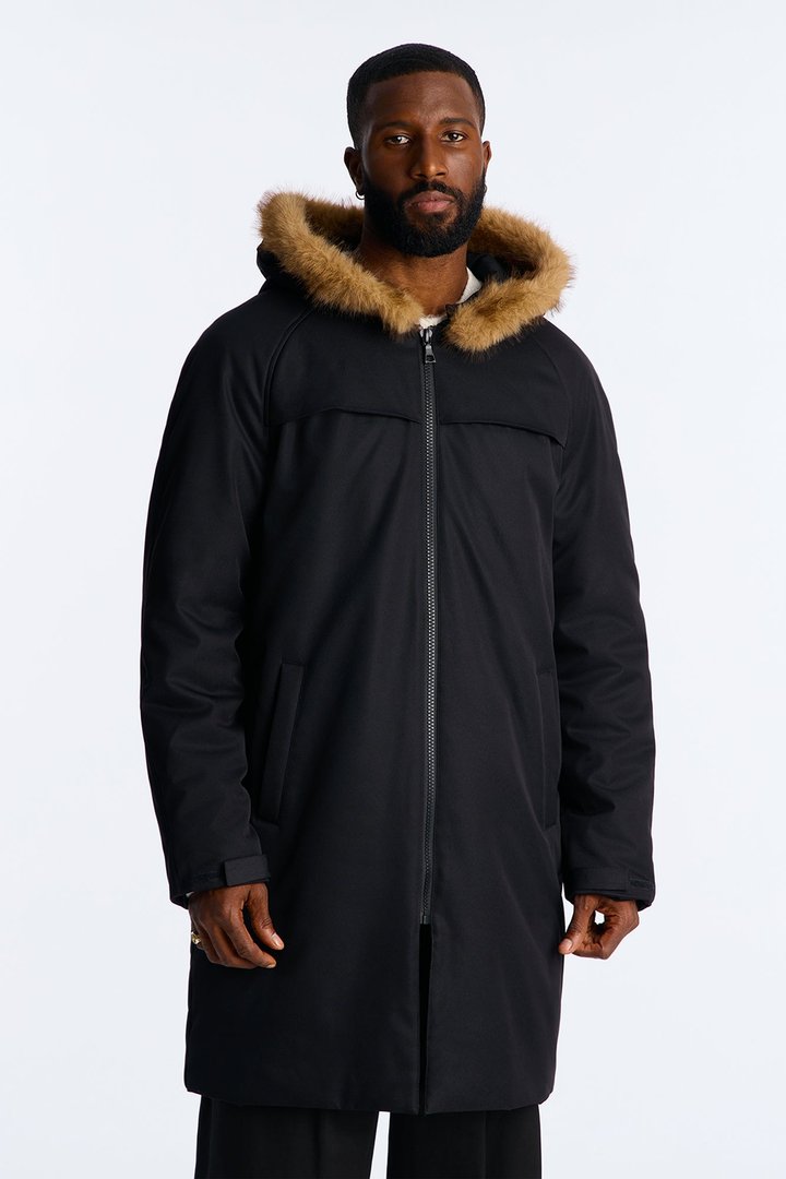 Padded Hooded Faux Trim Iced Out Parka - Black