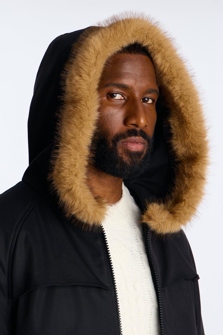 Padded Hooded Faux Trim Iced Out Parka - Black