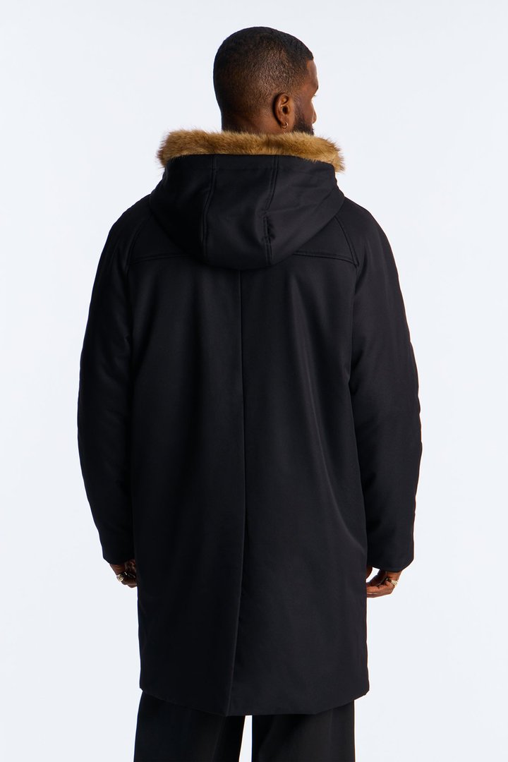 Padded Hooded Faux Trim Iced Out Parka - Black