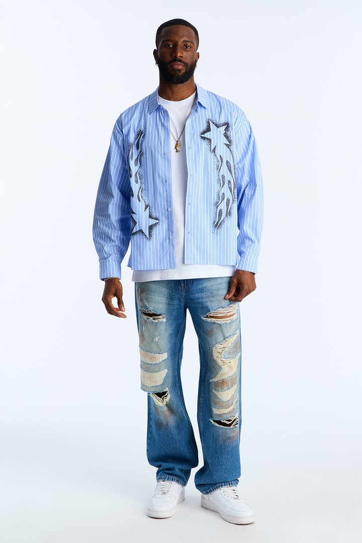 Oversized Pin Stripe Star Button Up Shirt - Light Blue